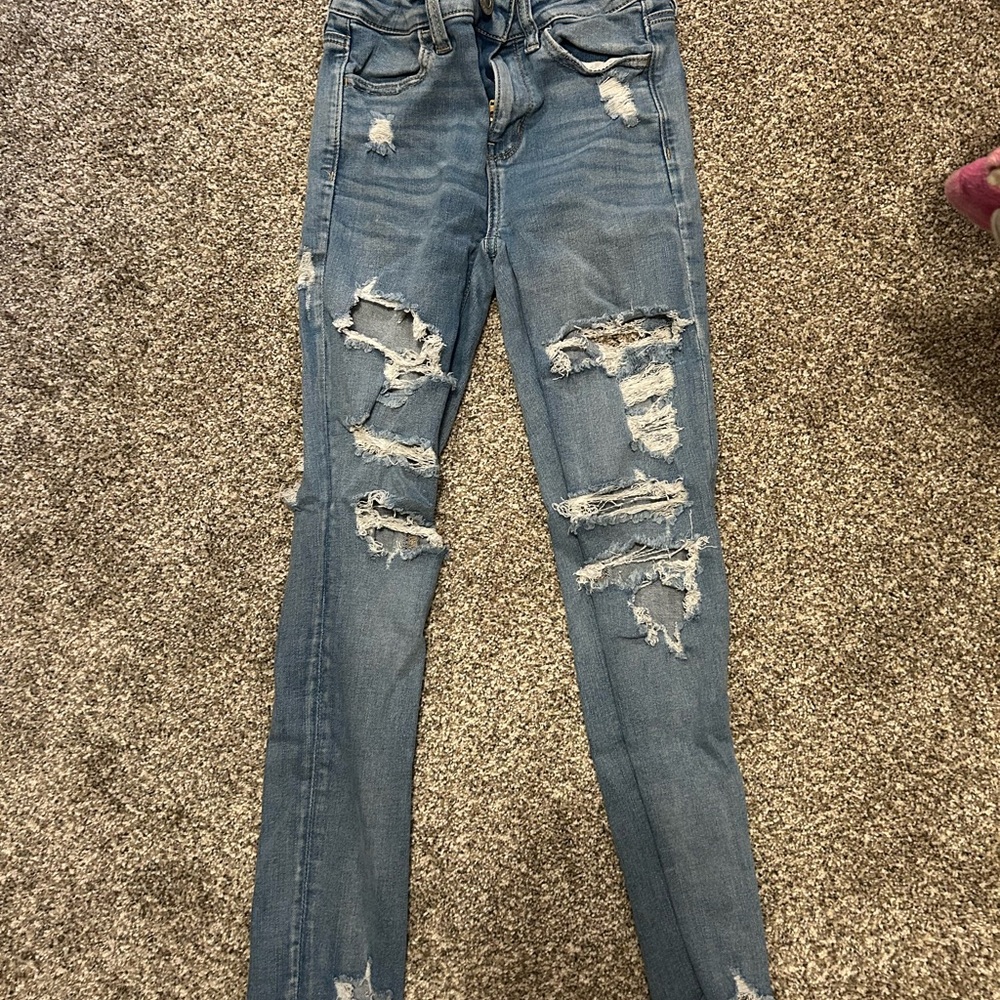 American Eagle Outfitters Blue Skinny Jeans with Distressed Details